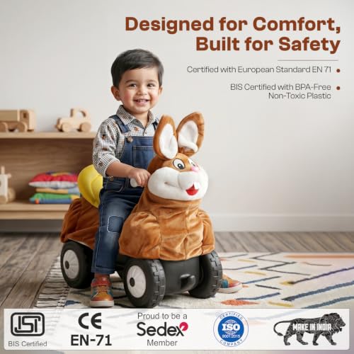 Image of Toyzone Little Soft Rabbit Ride on | Cloth-Covered Ride On Toy with Wheels | Back Support | Indoor & Outdoor Ride-On for Toddlers 1-4 Years