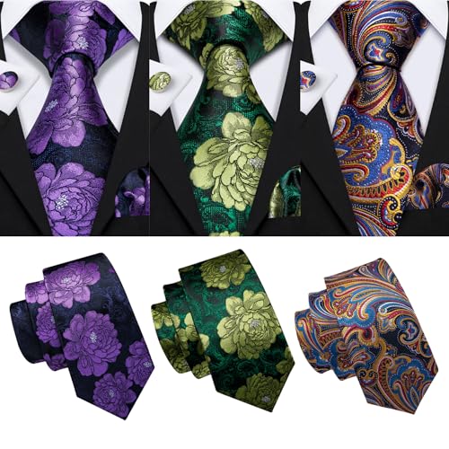 Image of Barry.Wang 6 PCS Men Ties Set Silk Business Fashion Woven Necktie Handkerchief Cufflinks Paisley Stripe Wedding Party
