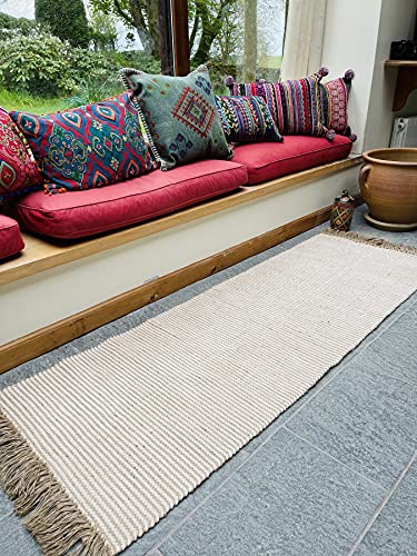 Alfombra Colva Fino Dos Tonos Natural Avena Rayas Beige Tejido Plano De Hilo De Yute De Algodón 70cm x 200cm