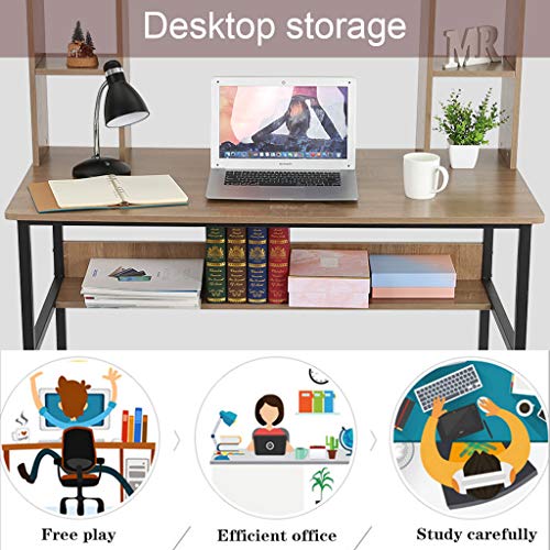 Computer Desk with Bookshelf 47 Inches Modern Writing Desk with Hutch Storage Shelves Home Office PC Laptop Study Table Workstation (Ship from US) (47x22.4x54.3 in, Brown) - Thumbnail 2