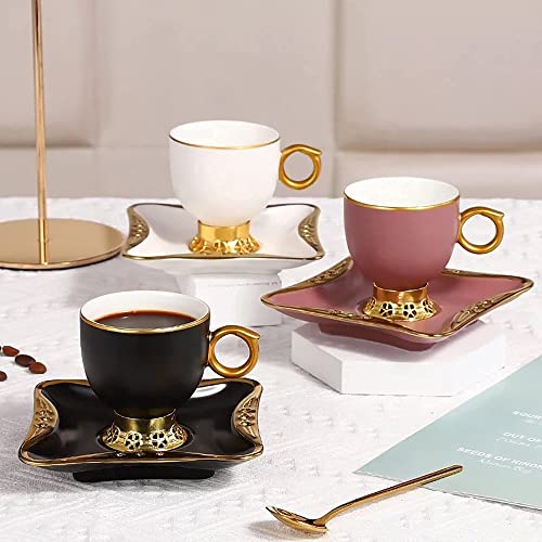 Ribbon, Small Espresso Cups And Saucers, Set Of 6 Demitasse Cups, Turkish Coffee Cups, Espresso Set, Small Coffee Cups (2.7 Oz) 80 Ml (Black) #TOP3