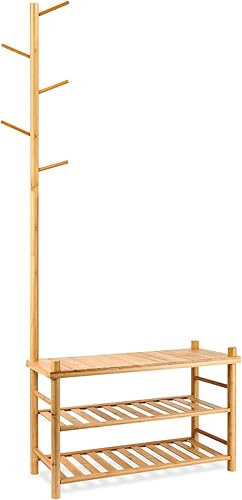 ZYBT Zapatero, banco de entrada con perchero, árbol de pasillo, estante de bambú con diseño 3 en 1 para entrada, banco de zapatos multifuncional,