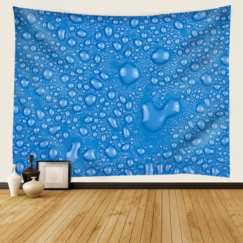 Tenture de gouttes d'eau bleue pour masquer un mur abime de sejour