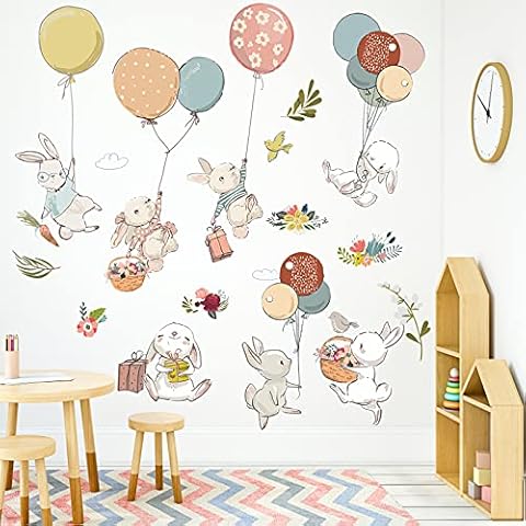 JOENCOST 7 Set Cute Bunny Balloon Nursery Wall Stickers, Colorful Rabbit Family Traveling on Balloon, Peel and Stick Cartoon Lovely Animals Wall Decor for Baby Boys Girls Bedroom Cover