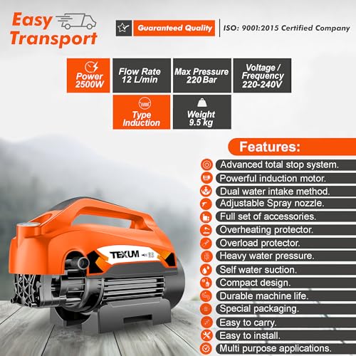 Image of TEXUM TX-75 Portable high Pressure Car Washer Machine for Washing car, Bike, Vehicles, 220 Bar Max Pressure and 2.5 KW Motor Power. (Updated Model)