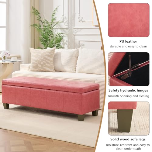 Image of 51 Inch Storage Ottoman, Storage Bench with Safety Hinge, Upholstered Synthetic Leather Ottoman Bench for Bedroom, Living Room, Entryway, Hallway, Foot Rest, Support 500lbs