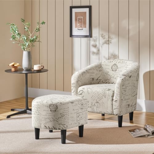 Image of Yaheetech Fabric Accent Chairs with Ottoman, Compact Breathable Barrel Chairs with a Curved Silhouette for Small Spaces, Living Room, Bedroom, Letter Print
