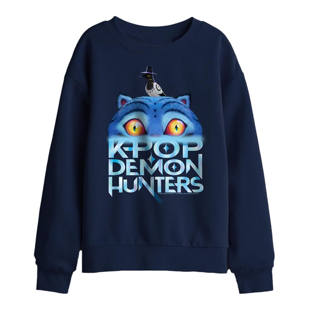 Kpop Demon Hunters Derpy Tiger Sinking Logo Kids Sweatshirt, Navy, 5-6
