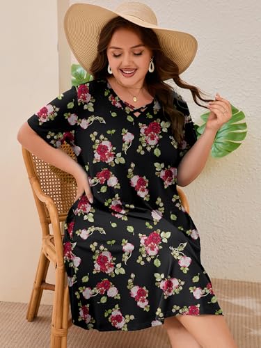 Image of AusLook Plus Size Midi Dress for Women Short Sleeve V Neck Criss Cross A Line Summer Casual Vacation Sundresses with Pockets