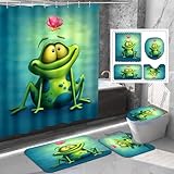 Amagical 16 Pieces Shower Curtain Set Bathroom Mats Set Non-Slip Rug Carpet Toilet Cover Shower Curtain Cute Frog and Lotus Flower