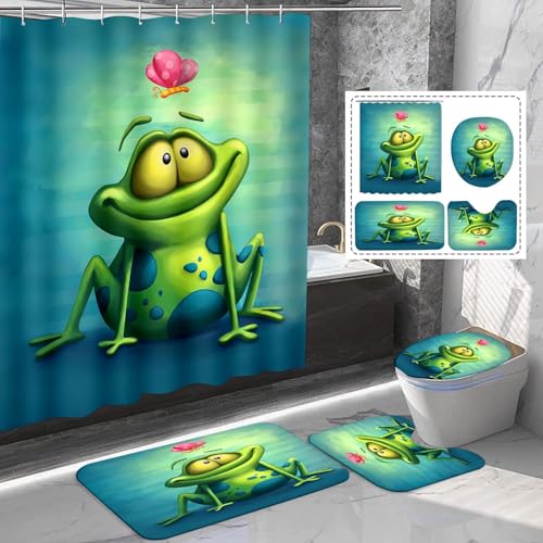 Amagical 4 Pieces Cute Frog and Lotus Flower Shower Curtain Set Bathroom Mats Set, Non-Slip Rug Carpet Toilet Cover Shower Curtain