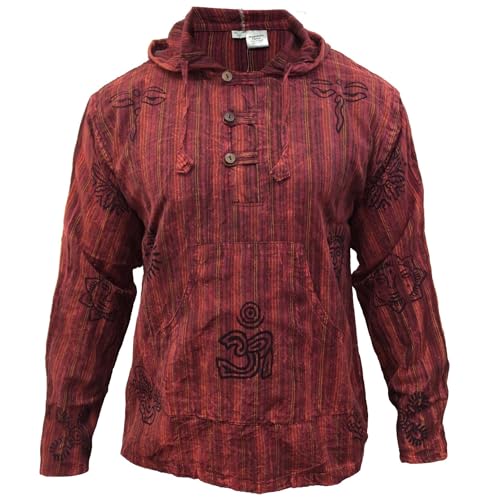 Shopoholic Fashion Men’s Handmade Stonewashed Boho Hooded Shirt | Wooden Buttons & Front Pocket – Ethical Cotton Festival Shirt (3XL,Maroon)