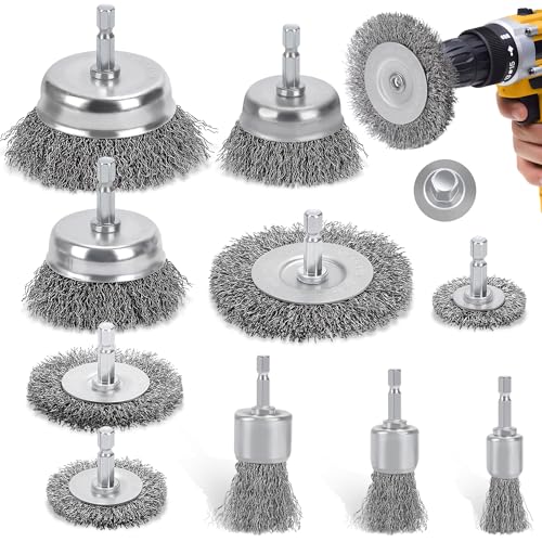 DazSpirit 10 Pcs Wire Brushes Set for Drill Brass-Coated Drill Wire Brush with 6mm Hex Shank Wire Wheel for Drill Ideal for Rust Removal Metal Polishing & Surface Cleaning