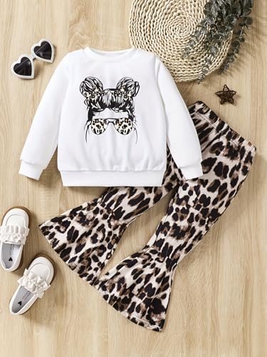 Image of KIDLAGA Toddler Girl Clothes Figure Graphic Drop Shoulder Top Pullover Leopard Print Flared Pants Fall Winter Outfit Set