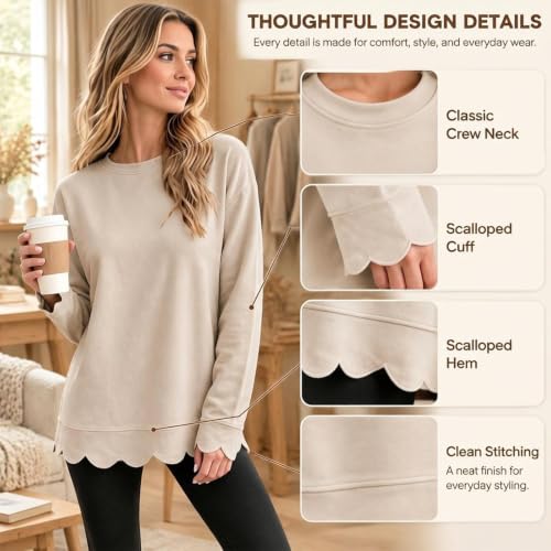 Crewneck Sweatshirts for Women Oversized Long Sleeve Scalloped Pullover - image 5