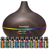 InnoGear Aromatherapy Diffuser & 10 Essential Oils Set, 400ml Diffuser Ultrasonic Diffuser Cool Mist Humidifier with 4 Timers 7 Colors Light Waterless Auto Off for Large Room Office, Dark Wood Grain