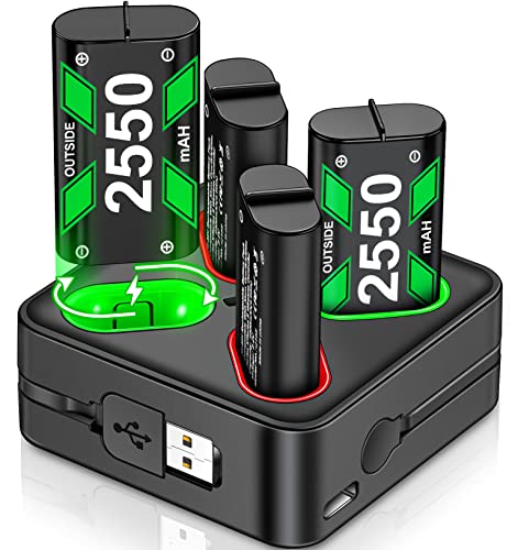 Lot de 4 batteries pour manette Xbox Series X/S/Xbox One - Station de charge avec interface de type C - Haute capacité 2550 mAh - Rechargeable pour Xbox One/Xbox One S/X/Elite/Xbox Series X/S Cover