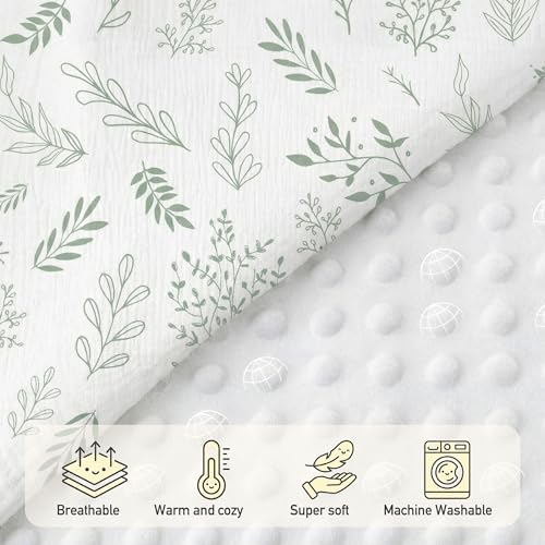 Image of GLLQUEN BABY Blankets for Boys Girls, Soft Muslin Cotton Front Dotted Fleece Backing, Nursery Minky Crib Blanket for Infant Toddler, 30 x 40 inches Throw Blanket, Green & Leaves