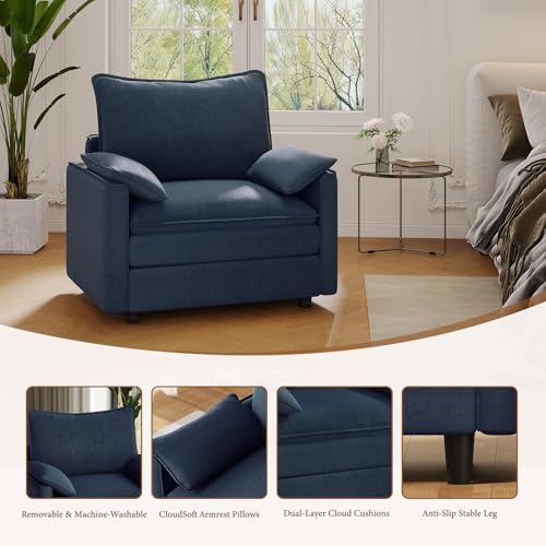 Image of Vesgantti 40 inch Single Seat Sofa, Comfy Cloud Couch Deep Seat Upholstered Couch Chenille Modern Sofa with Armrest Pillow, Easy Assembly for Living Room, Bedroom and Apartment, Blue