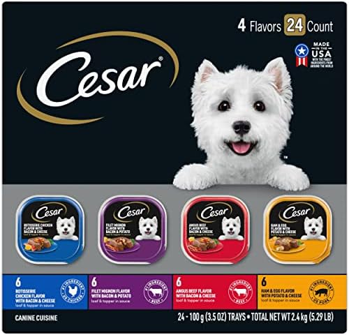 CESAR Wet Dog Food Loaf in Sauce Rotisserie Chicken, Filet Mignon, Angus Beef, and Ham & Egg Flavors Variety Pack, 3.5 oz. Easy Peel Trays (24 Total Servings)