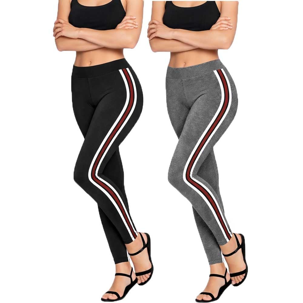 Womens Stylish Side Stripe Jeggings | Ankle Length, Sporty Fit | Soft Waistband & Cotton-Blend Fabric |Black, Grey (Marrone Stripped Plain Jeggings) for Women Combo Pack 2-picture-16