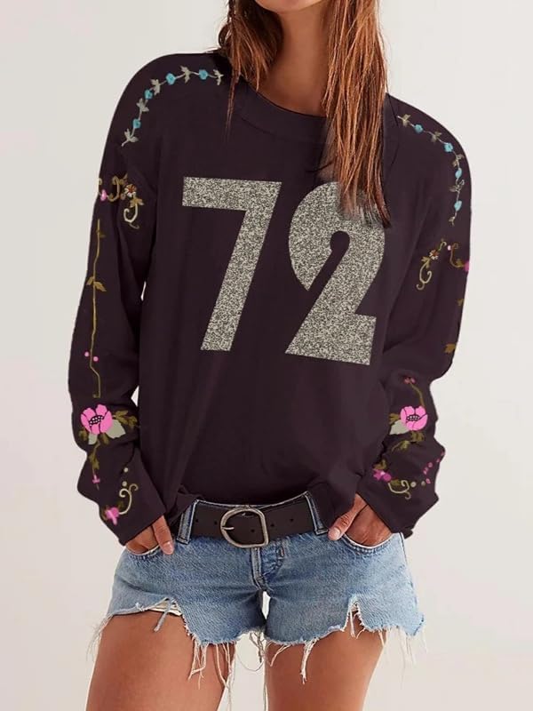 Y2K Oversized Graphic Sweater for Women 72 Print Floral Embroidery Vintage Long Sleeve Sweatshirt