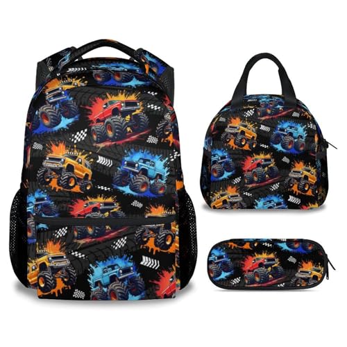 GiftoFLUX Toddler Backpack Set - 3Pcs Truck Backpacks for Boys - Kids Bookbag with Lunch Box & Pencil Case - Durable School Bag for Kindergarten/Preschool/Elementary (17 Inch)