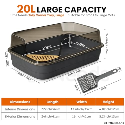 Image of Litter Tray with Scooper for Small to Large Cats (Tidy Corner, Black) (61 x 41 x 25 cm) | 24 inch Durable, Semi-Enclosed Sleek Design Tray with Corner Foot Grid for Daily Toilet Training