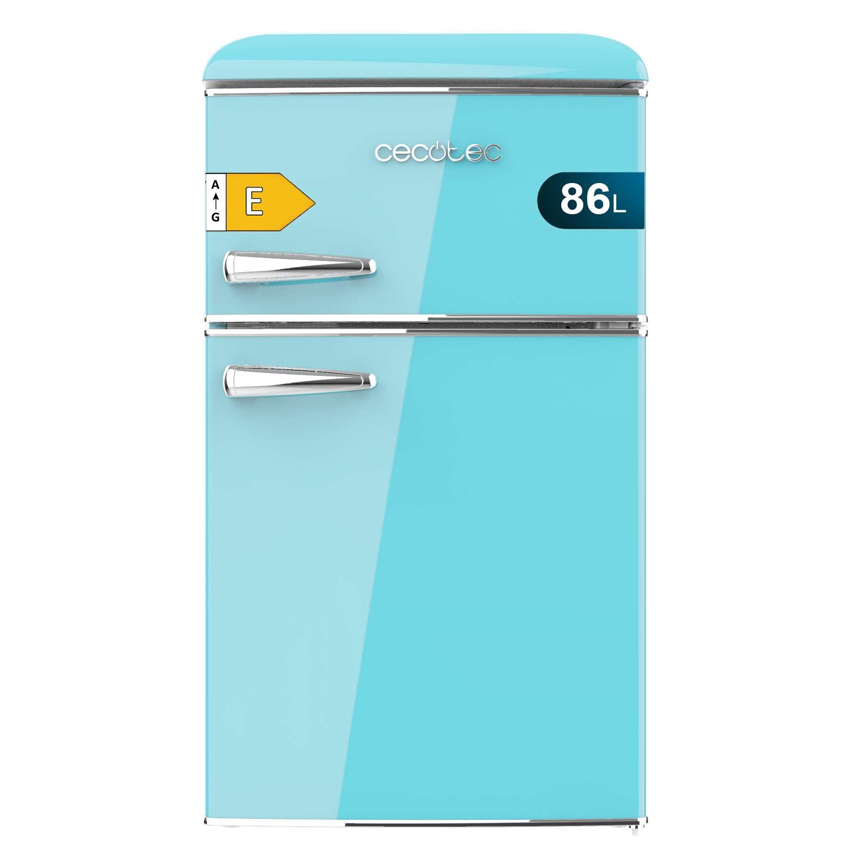 Cecotec Nevera Pequeña - Frigorífico 2 Puertas - Retro 86L - Bolero CoolMarket 2D Origin 86 Blue E. 89,3cm de Alto y 48,7cm de Ancho, Clase Energética E, Icebox, Luz Interior y Tirador Cromado, Azul