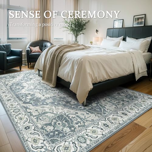 Deerly Vintage Area Rug 5x7 Boho Washable Large Living Room Bedroom Rugs Non Slip Low Pile 5x7 Rug for Kitchen Entryway Bedroom Dining Room Office, Canal Blue/Multi