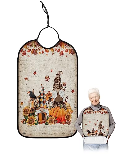 Thanksgiving Gnomes Adult Bibs for Eating, Waterproof Bibs with Food Catcher & Adjustable Snap Closure, Rustic Pumpkin Floral Maple Leaf Washable Clothing Protectors Adult Bibs for Elderly Women/Men