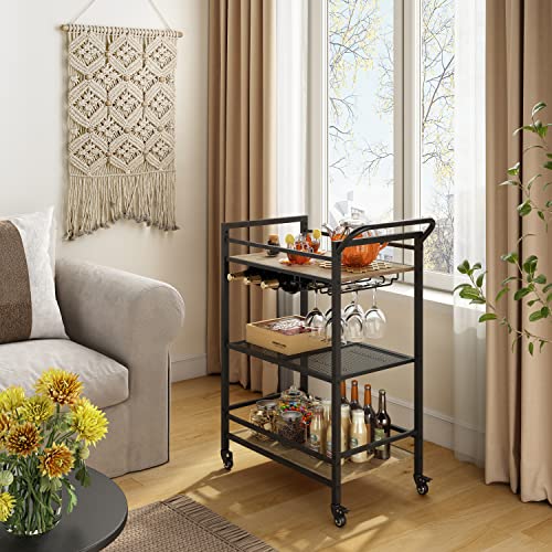 Tajsoon 3-Tier Bar Cart, Mobile Bar Serving Cart, Industrial Style Wine Cart For Kitchen, Beverage Cart With Wine Rack And Glass Holder, Rolling Drink Trolley For Living Room, Grey & Black #TOP4