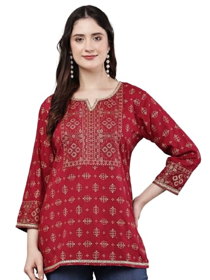 Image of Women's Pink Printed Short Kurti with Lace Trim, 3 /4 Sleeves, Ethnic Indian Style Top