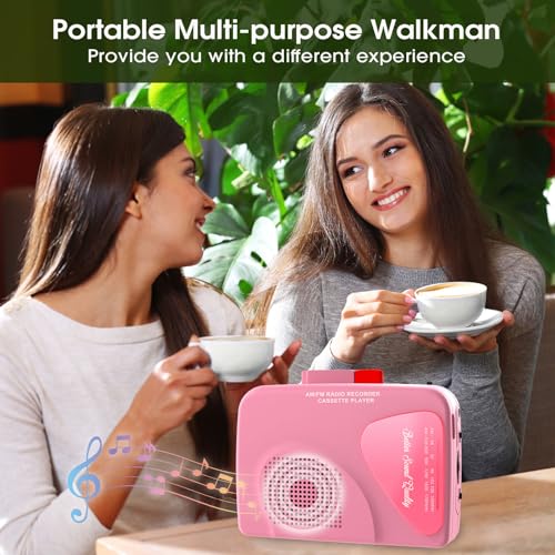 Cassette Player Tape Recorders AM/FM Radio, Portable Tape Player Records Built in Speakers Manual Record - 2AA Battery Or DC 5V Supply with 3.5MM Earphone- Pink - Image 4