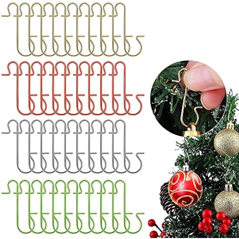 Christmas Tree Ornament Hooks, Fyvadio 120 Pcs Xmas Ornament Hooks, Metal S-Shaped Hooks for Hanging Xmas Tree, Christmas Wreath, Christmas Vine Decoration (Gold, Silver, Red and Green) Cover