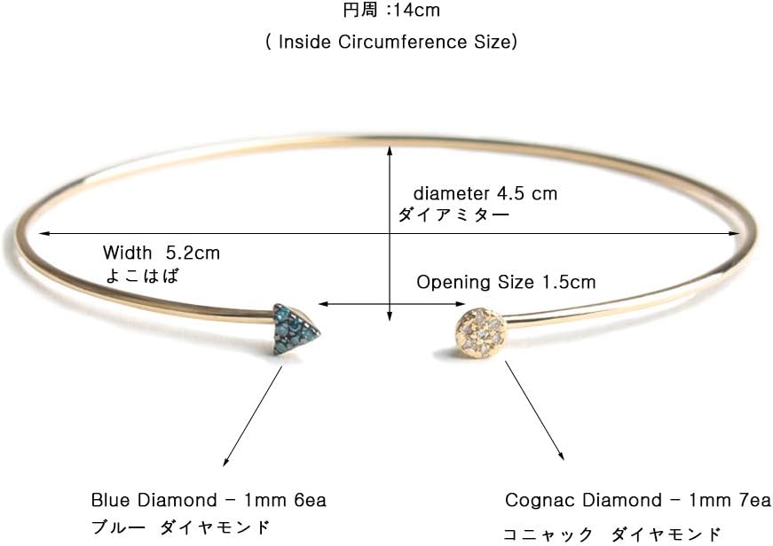 Fairy Collection 14K Yellow Gold Blue Diamond, Cognac Diamond Triangle Circle Cuff 5.5 inches