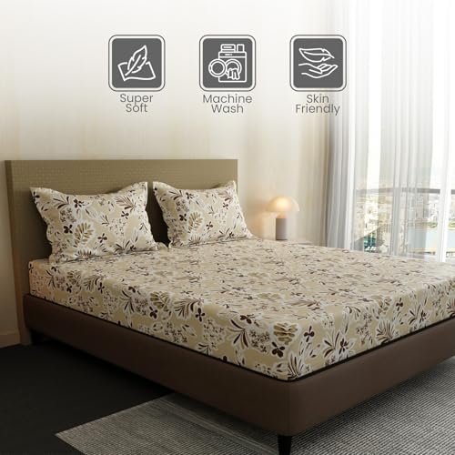 Image of Layers 100% Cotton Bedsheet for Double Size Bed | Lumina Floret Collection | 144 TC Soft & Breathable | Floral Print with 2 Pillow Covers | Wrinkle Free & Colorfast | 3 Piece Bedding Set - Beige