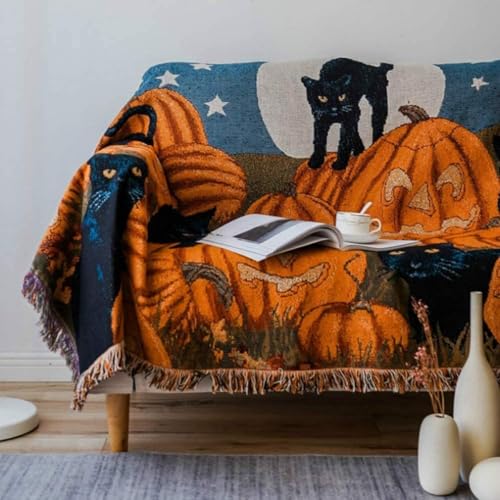 zhuja Halloween Throw Blanket Fall with Pumpkin -Black Cat Knitted Autumn Blanket for Cat Lover Gift (Orange-50”*63")