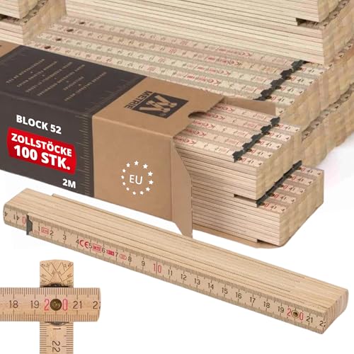 Metrie Zollstock Gliedermaßstab 2m | Meterstab Maßstab Natur Duplex Teilung Hergestellt in der EU | Buchenholz & Stahlgelenke | Großpackung Profi | BLOCK 52 100 Stück