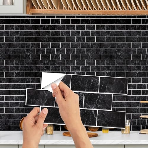 WALPLUS Lot de 12 Stickers Muraux Cuisine 15x30 cm Carrelage Adhesif Mural Cuisine Peler et Coller Carreaux Adhesif Salle de Bain Amovible Pierre de Marbre...