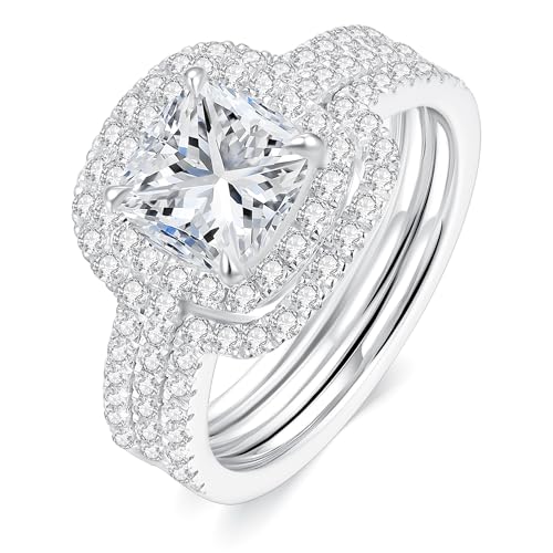 2.5CT Moissanite Wedding Ring Set for Women D Color VVS1 Cushion Cut Bridal Set Wedding Bands S925 Sterling Silver with 18K White Gold Plated Engagement Anniversary Rings for Her Size 4-92