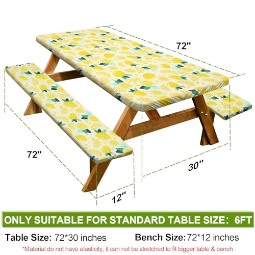 Image of Picnic Table Cover with Bench Covers 6FT 3 Pcs Waterproof Windproof Aesthetic Camping Tablecloth with Drawstring Bag, Fitted for 6 Foot Rectangle Tables and Seats, 72 inch, Yellow Lemon