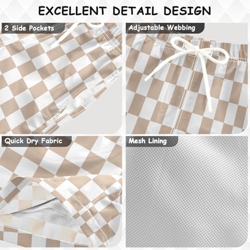 Brown White Checkered Boys Swim Trunks Kids Toddler Beach Board Shorts Teen Quick Dry Bathing Suit Swimsuit3