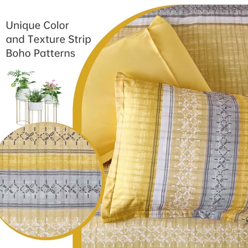 Image of Boho Queen Comforter Size Set, 8 Pieces Yellow Striped Texture Bed in a Bag Bedding Sets, Lightweight Soft Bohemian Comforter and Sheet Set, All Season Microfiber Teen Boys Bedding Sets for Men Women