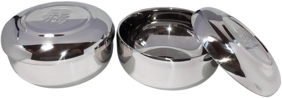 2sets Vacuum Insulated Double Wall Skin Stainless Steel Good Fortune Korean Traditional Rice Bowl with Lid