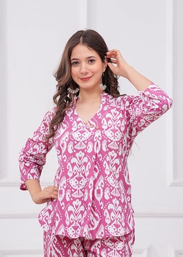 Image of Women's Pure Cotton Co-Ord Set | Three-Quarter Sleeves-Mandarin Collar Top & Palazzos | Printed Casual Wear Co-Ord Set for Women