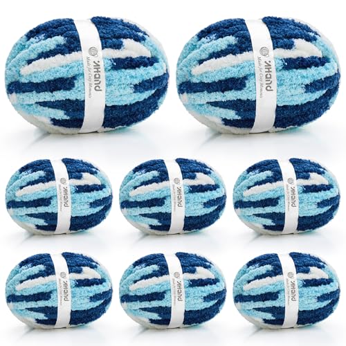 Image of Inhand Chunky Chenille Yarn for Hand Knitting, Thick Bulky Blanket Yarn for Crocheting, Soft Fluffy Yarn for Crochet Gifts & Crafts for Women /Beginners, 8 Pack (29.5 yds /8.4 oz Each), Blue Variegated