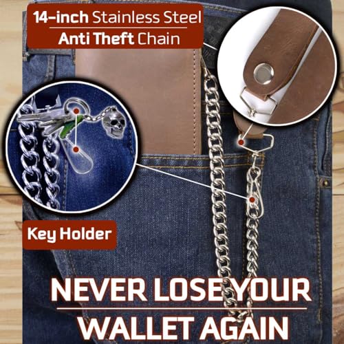 Image of Milwaukee Leather MLW7889 Men's 7.5 inch Black Premium Leather Soft Biker Wallet - Bi-Fold Anti-Theft Stainless Steel Chain