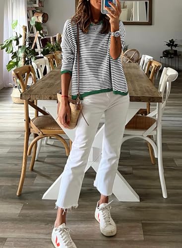 Image of Womens Striped Lightweight Cotton Sweaters Long Sleeve Crew Neck Color Block Casual Knitted Pullover Tops