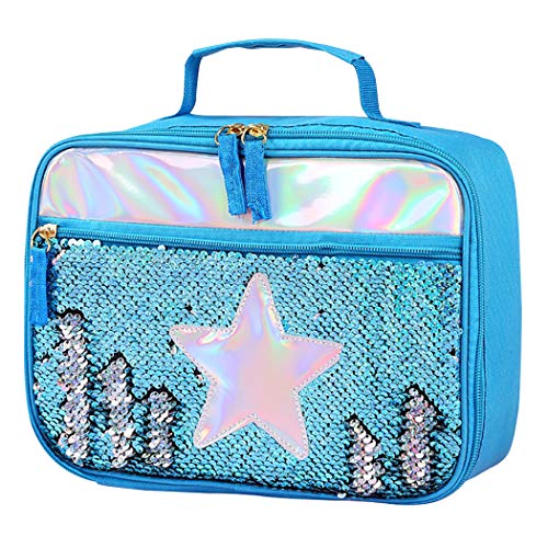 Aoutacc BLUE STAR Handheld Lunch Box, Reusable Insulated Flip Sequins Lunch Tote Bag, Handheld Box Roomy Carry Bag Lunchbox Gifts For Women,Glittering Shining Travel Meal Tote Kit cover